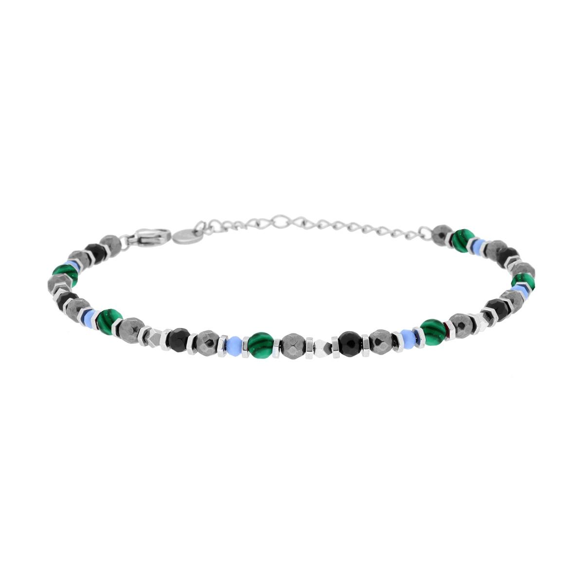 Bracciale Catena con Bulloncini alternati a Pietre Verde Malachite e Multicolor in ACCIAIO