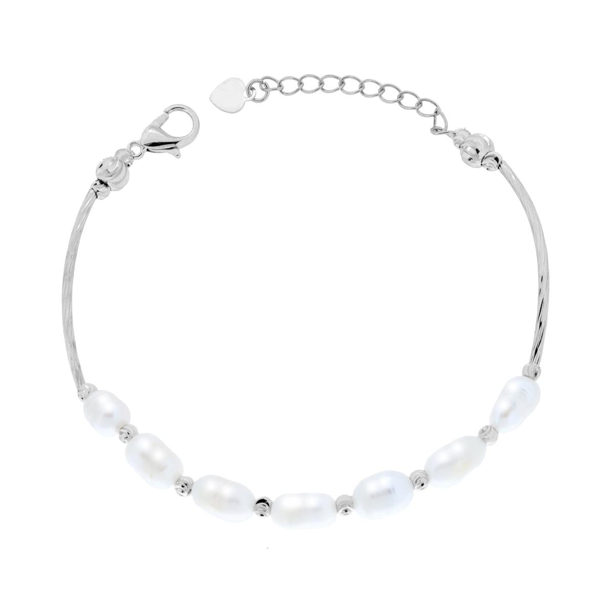 Bracciale Semirigido con Canna Diamantata e Catena di Perle Scaramazza Bianche in ACCIAIO