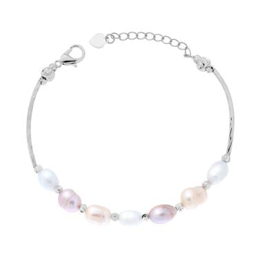 Bracciale Semirigido con Canna Diamantata e Catena di Perle Scaramazza Multicolor toni del Rosa in ACCIAIO