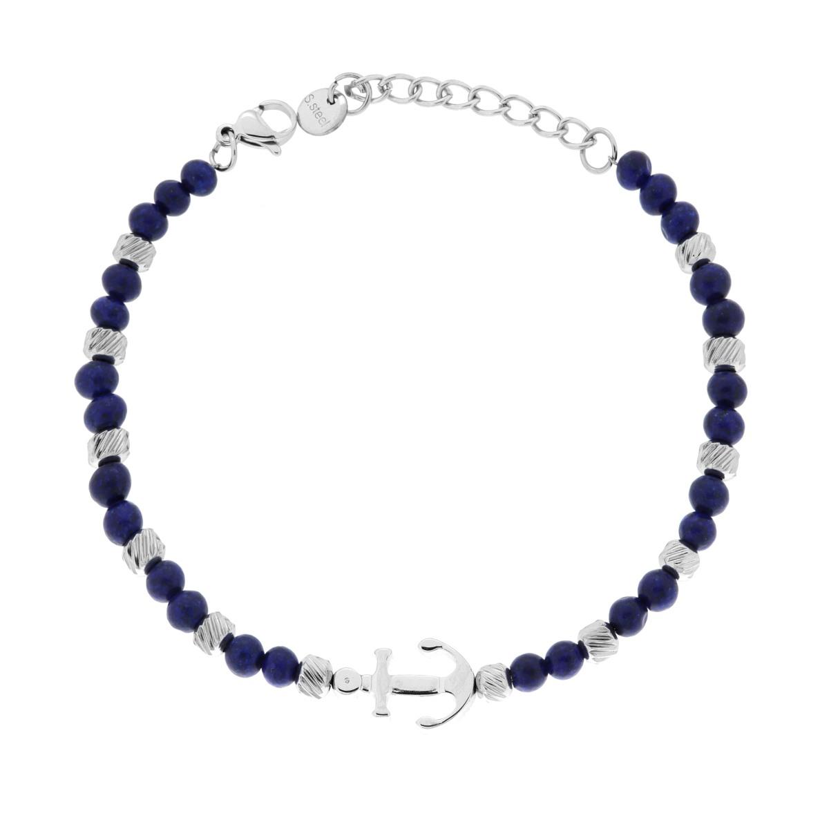 Bracciale Catena con Cilindri Diamantati alternati a Pietre colore Lapis Lazuli Blue e Ancora centrale in ACCIAIO
