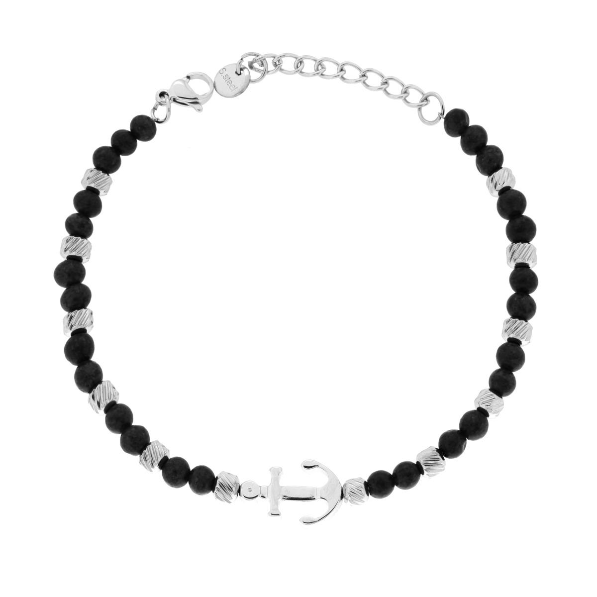 Bracciale Catena con Cilindri Diamantati alternati a Pietre colore Nero e Ancora centrale in ACCIAIO