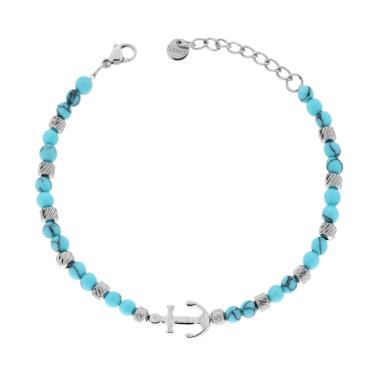 Bracciale Catena con Cilindri Diamantati alternati a Pietre colore Turchese e Ancora centrale in ACCIAIO
