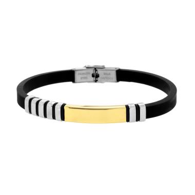 Bracciale Uomo in Caucciu PVC Nero con Targa colore Oro e Accessori in ACCIAIO