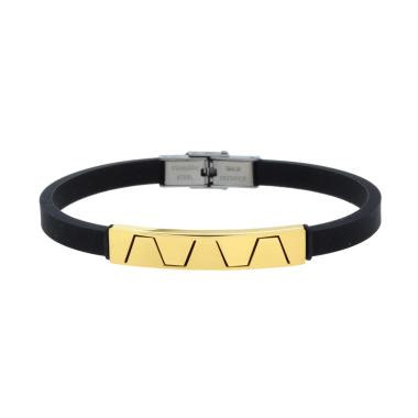 Bracciale Uomo in Caucciu PVC Nero con Targa colore Oro e Decoro Geometrico in ACCIAIO