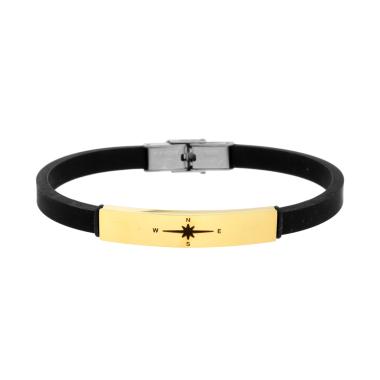 Bracciale Uomo in Caucciu PVC Nero con Targa colore Oro e Rosa dei Venti in ACCIAIO