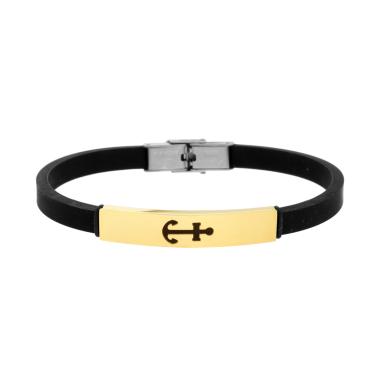 Bracciale Uomo in Caucciu PVC Nero con Targa colore Oro e Ancora in ACCIAIO