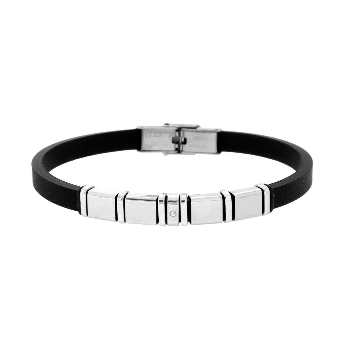 Bracciale Uomo in Caucciu PVC Nero con Accessori e Crystal Bianco in ACCIAIO