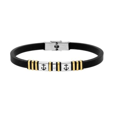 Bracciale Uomo in Caucciu PVC Nero con Accessori colore Oro con Ancore e Crystal Bianco in ACCIAIO