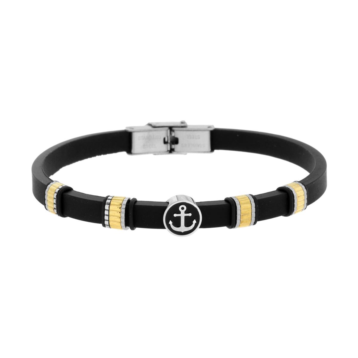Bracciale Uomo in Caucciu PVC Nero con Accessori Dentellati colore Oro con Ancora centrale in ACCIAIO