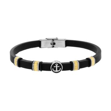 Bracciale Uomo in Caucciu PVC Nero con Accessori Dentellati colore Oro con Ancora centrale in ACCIAIO