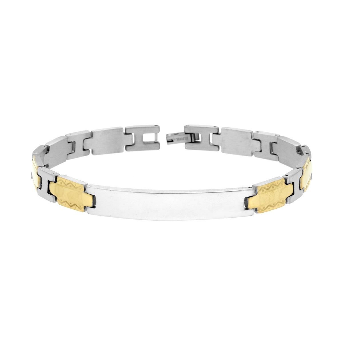Bracciale Uomo Maglia Imperniata con Targa e Dettagli Ornati colore Oro in ACCIAIO