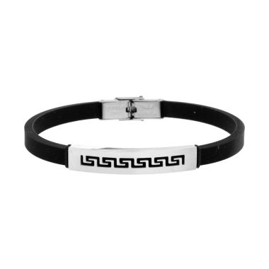 Bracciale Uomo in Caucciu PVC Nero con Targa e Decoro Geometrico in ACCIAIO