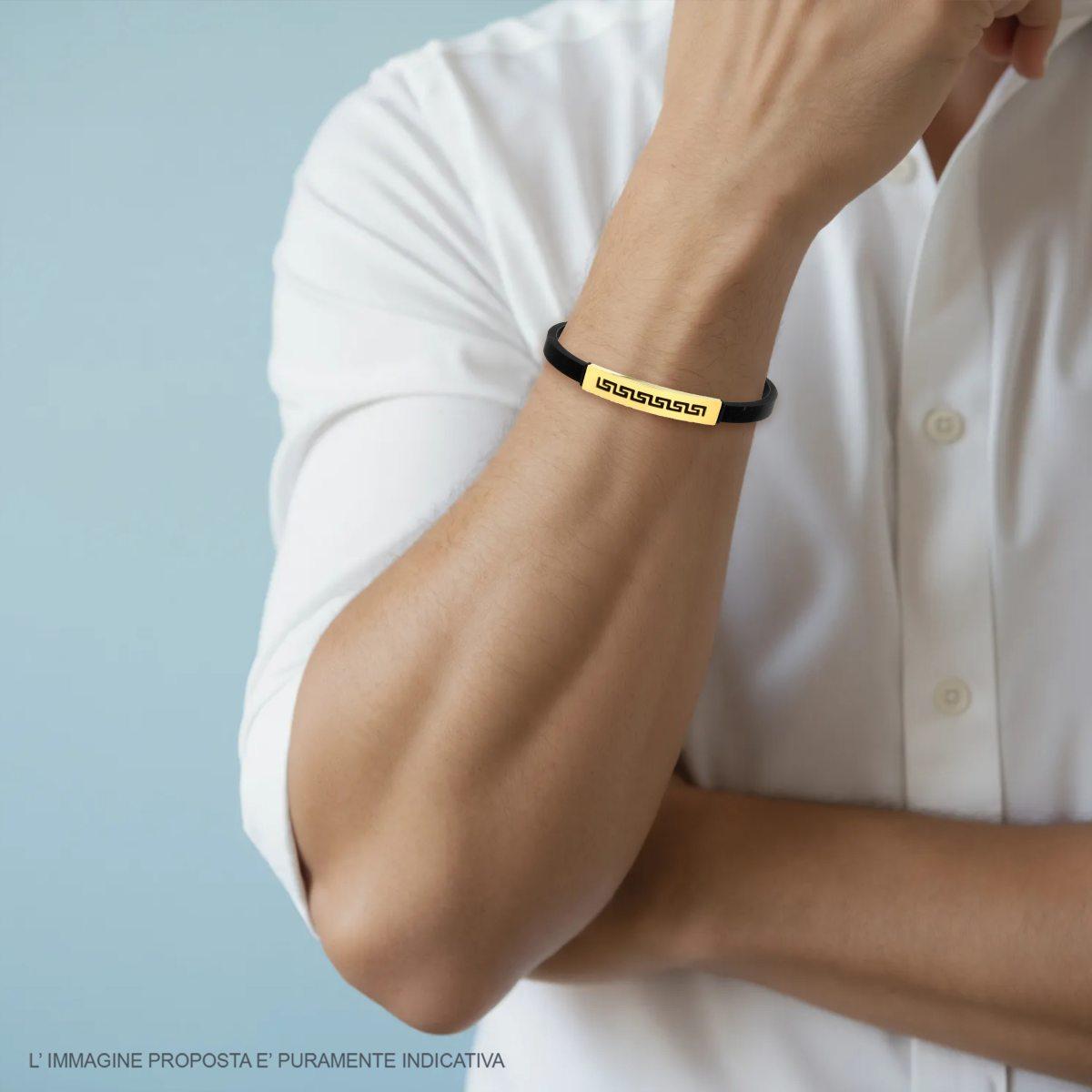 Bracciale Uomo in Caucciu PVC Nero con Targa colore Oro e Decoro Geometrico in ACCIAIO