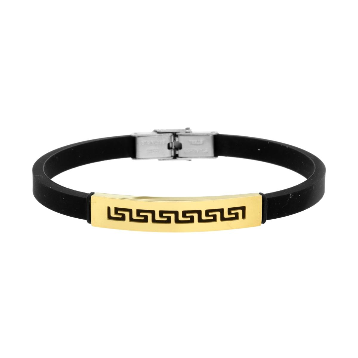 Bracciale Uomo in Caucciu PVC Nero con Targa colore Oro e Decoro Geometrico in ACCIAIO