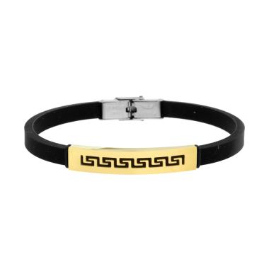 Bracciale Uomo in Caucciu PVC Nero con Targa colore Oro e Decoro Geometrico in ACCIAIO