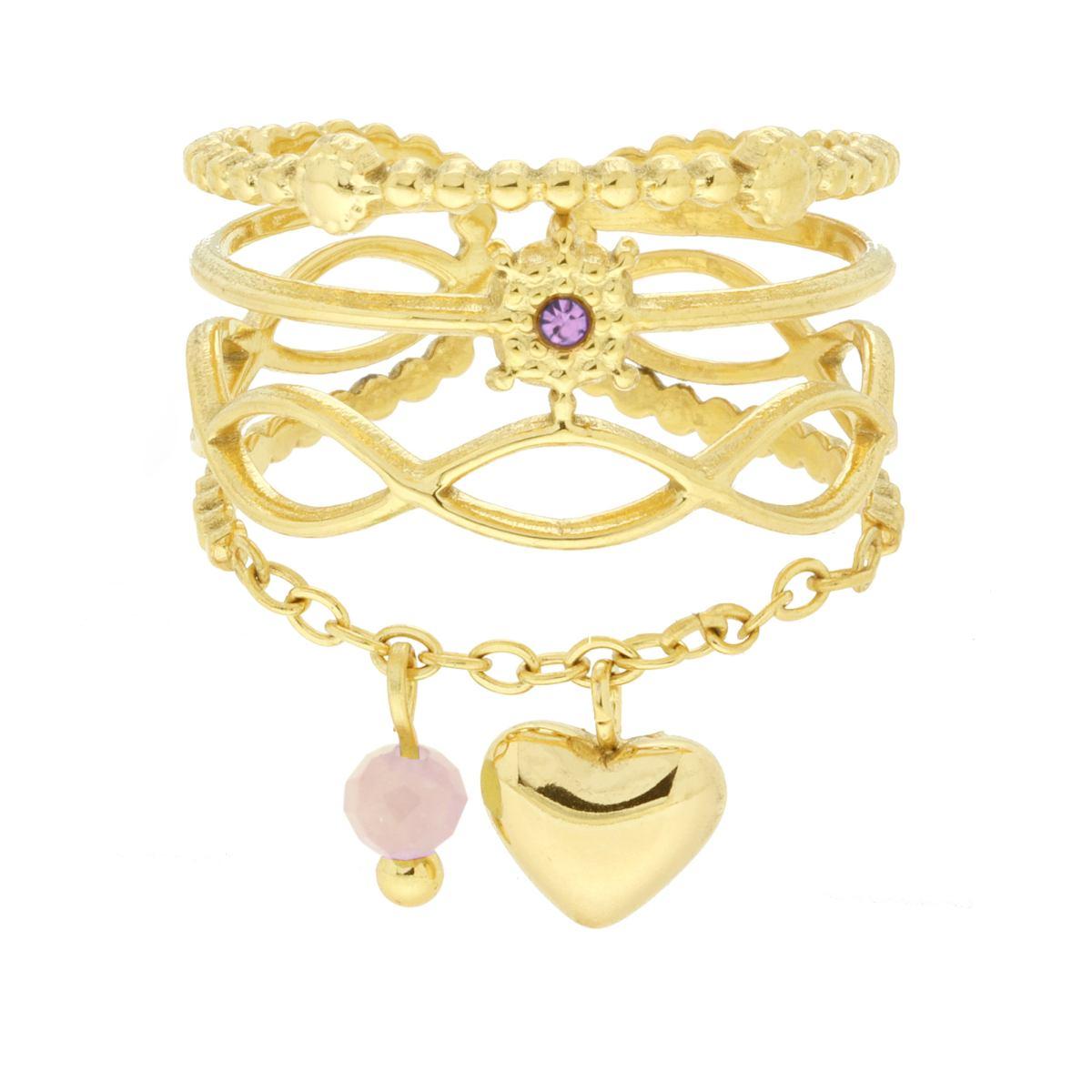 Anello Fascia Multifilo con Crystal Lilla e Catena con Cuore bombato pendente in ACCIAIO colore Oro
