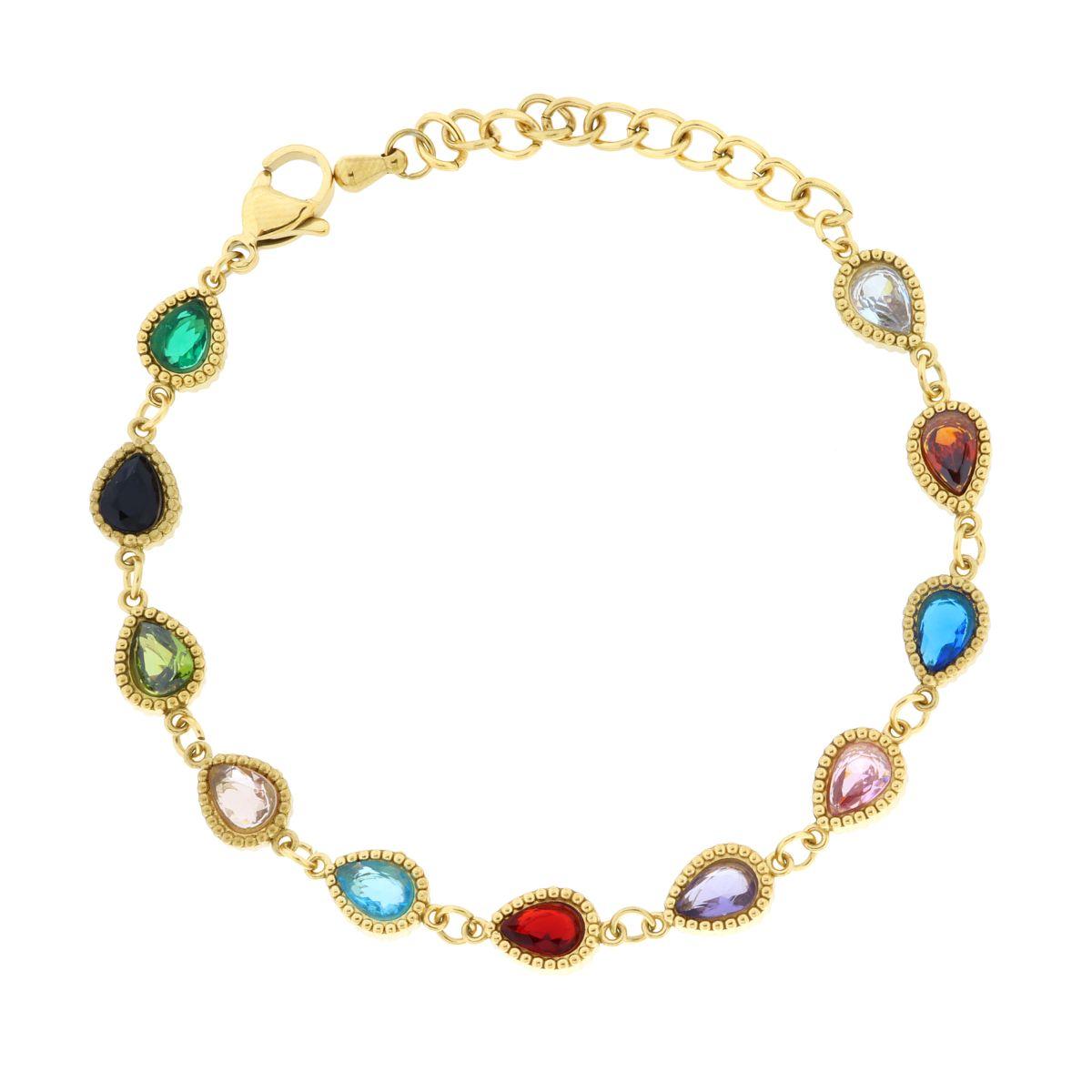 Bracciale con Catena di Gocce e Crystal Multicolor in ACCIAIO colore Oro