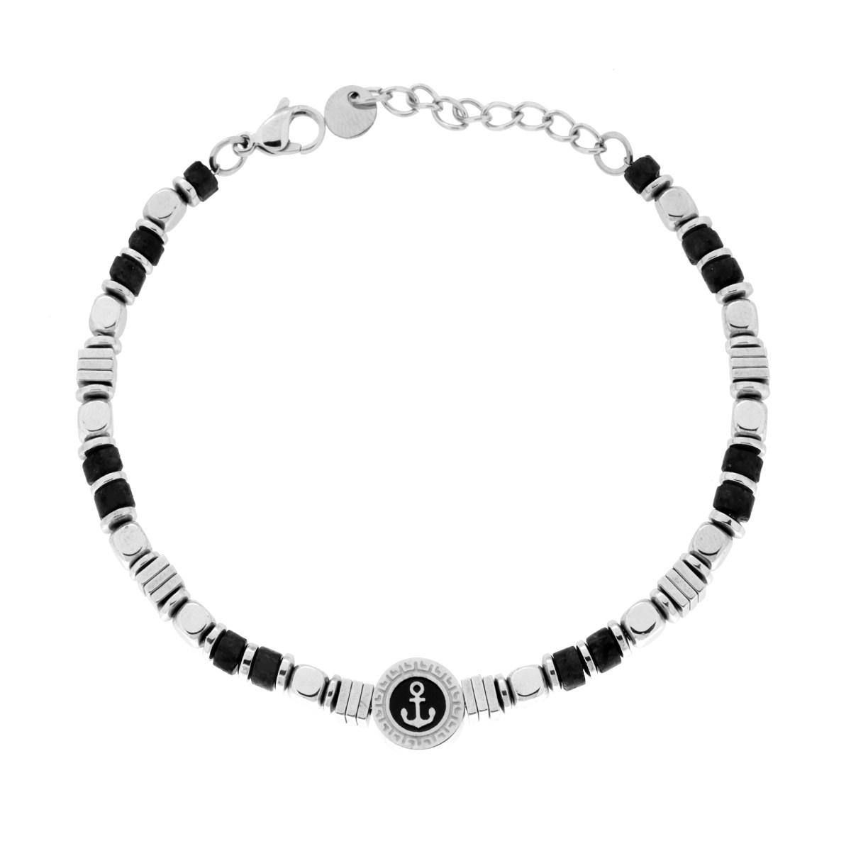 Bracciale Catena con Cubetti alternati a Pietre Cilindriche colore Nero e Tondo con Ancora centrale in ACCIAIO