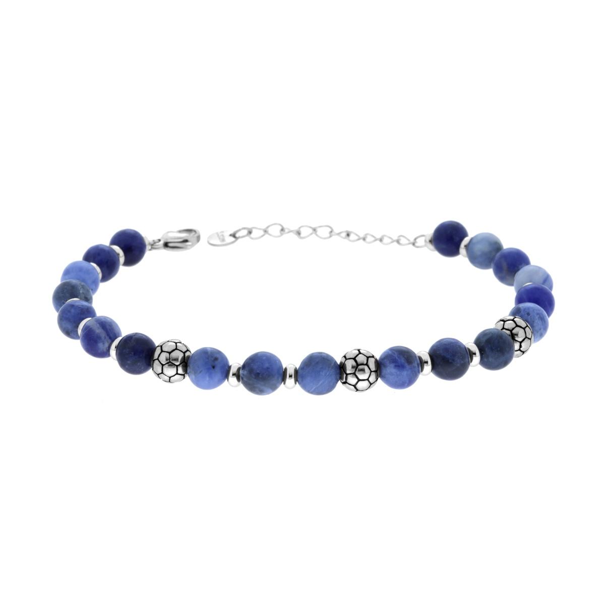 Bracciale Catena con Pietre Colore Blu Lapislazzuli e Palloni da Calcio in ACCIAIO