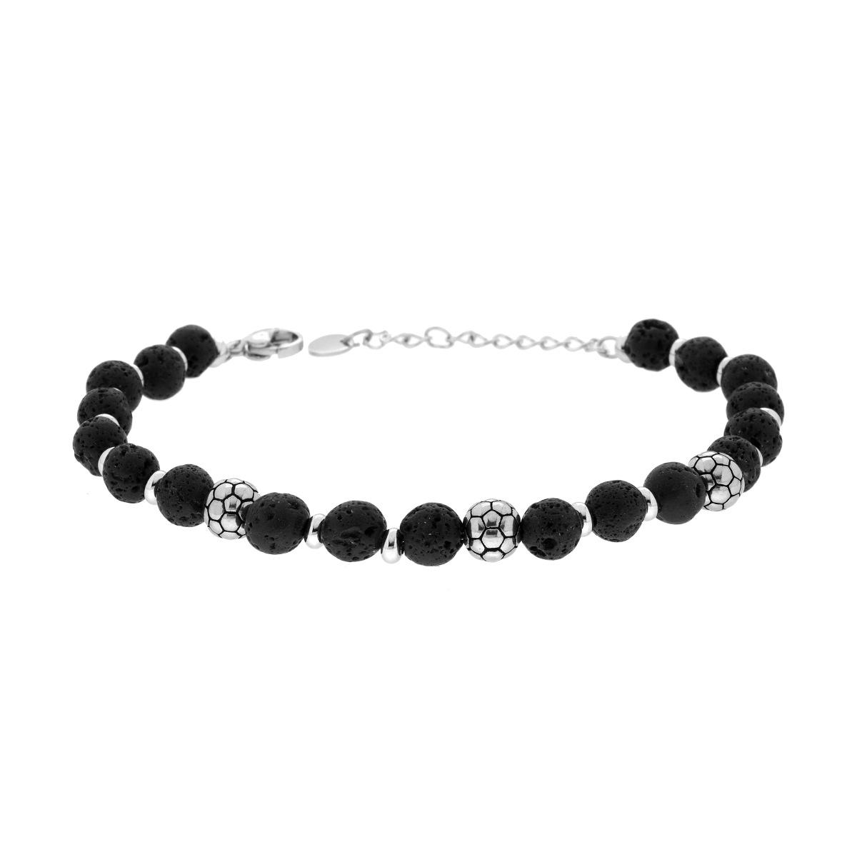 Bracciale Catena con Pietra Lavica Nera e Palloni da Calcio in ACCIAIO