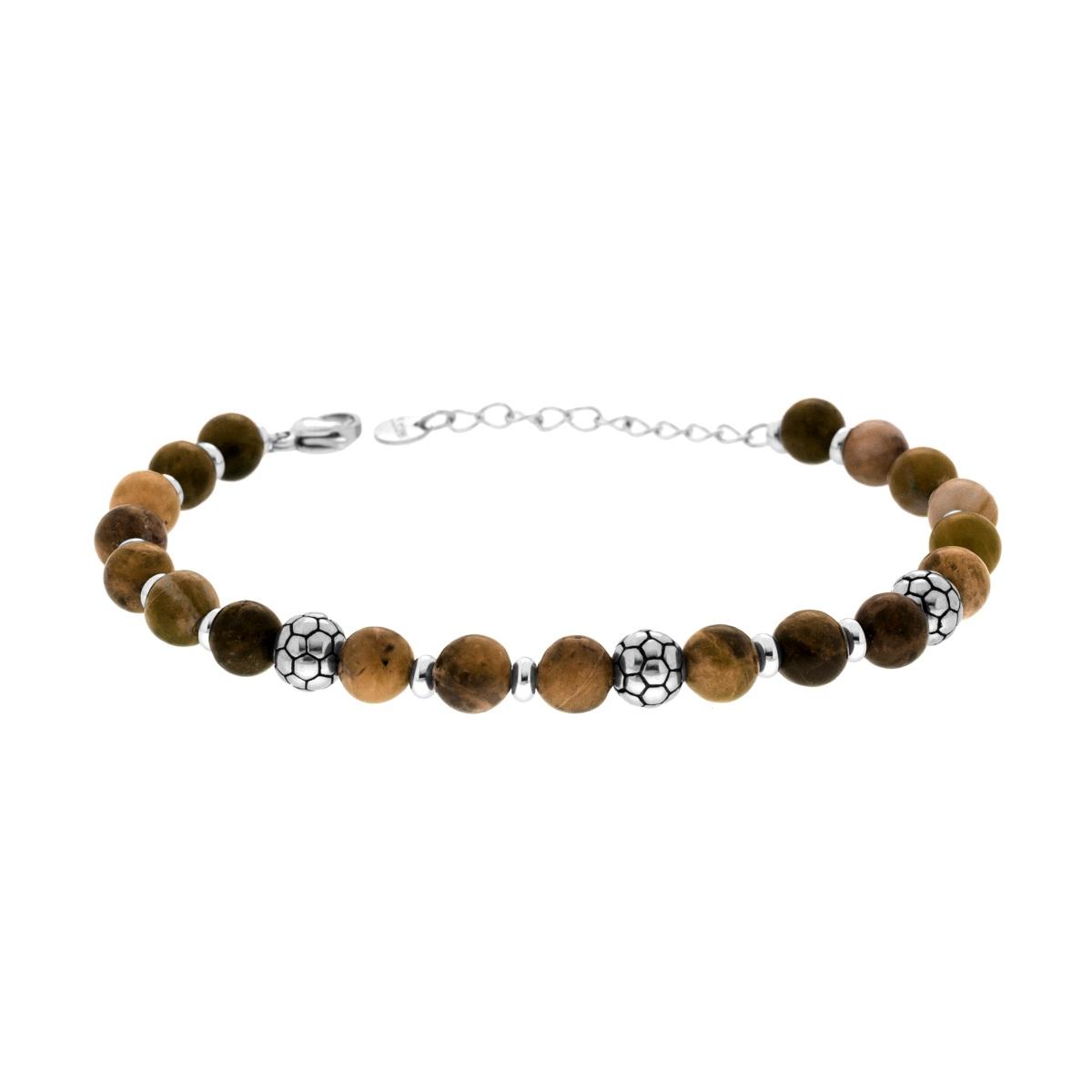 Bracciale Catena con Pietre Colore Occhio di Tigre e Palloni da Calcio in ACCIAIO