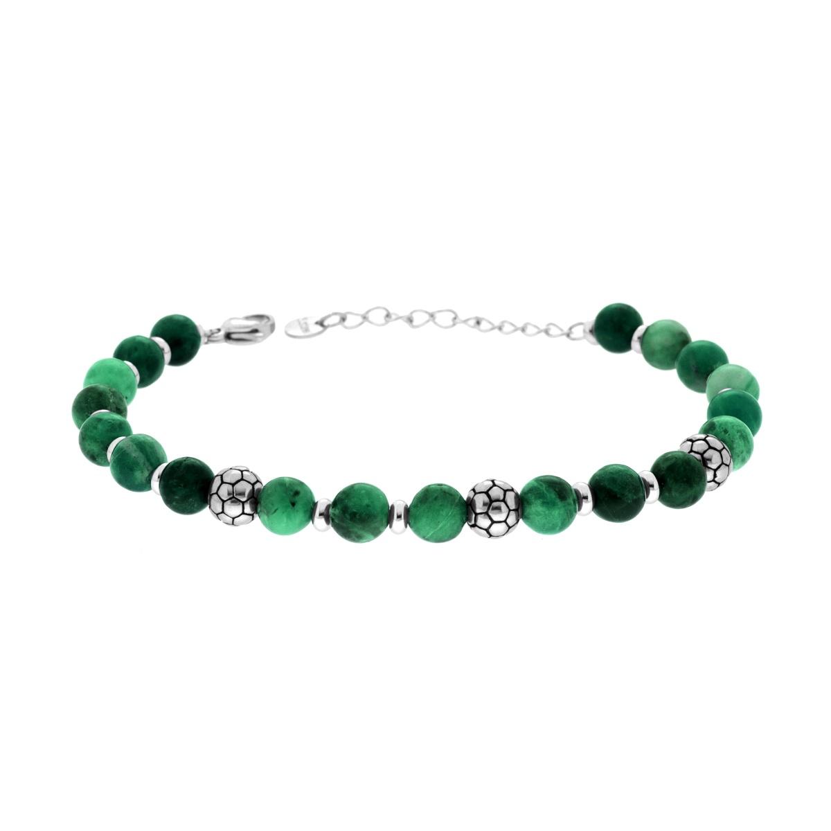 Bracciale Catena con Pietre Colore Verde Malachite e Palloni da Calcio in ACCIAIO