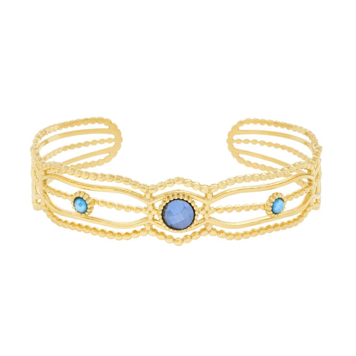 Bracciale Rigido modello Schiava Multifilo con Crystal Blu in ACCIAIO colore Oro