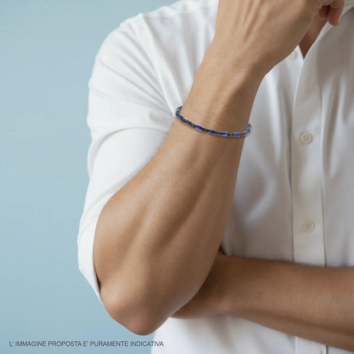 Bracciale Catena con Cilindri Bruniti e Pietre Blu Lapislazzuli in ACCIAIO