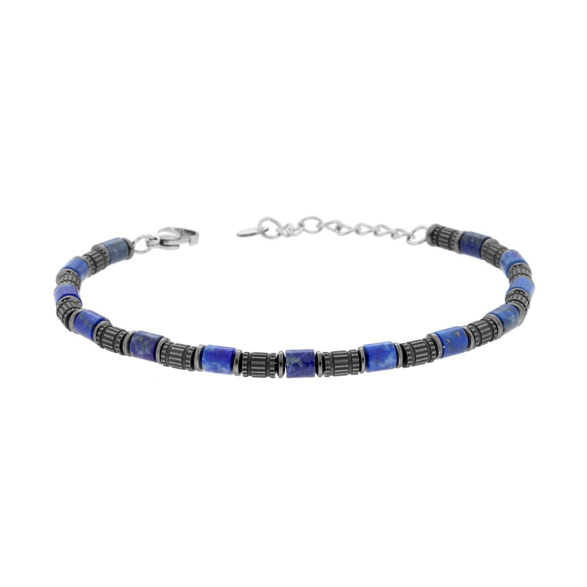 Bracciale Catena con Cilindri Bruniti e Pietre Blu Lapislazzuli in ACCIAIO