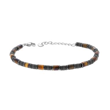 Bracciale Catena con Cilindri Bruniti e Pietre Occhio di Tigre in ACCIAIO