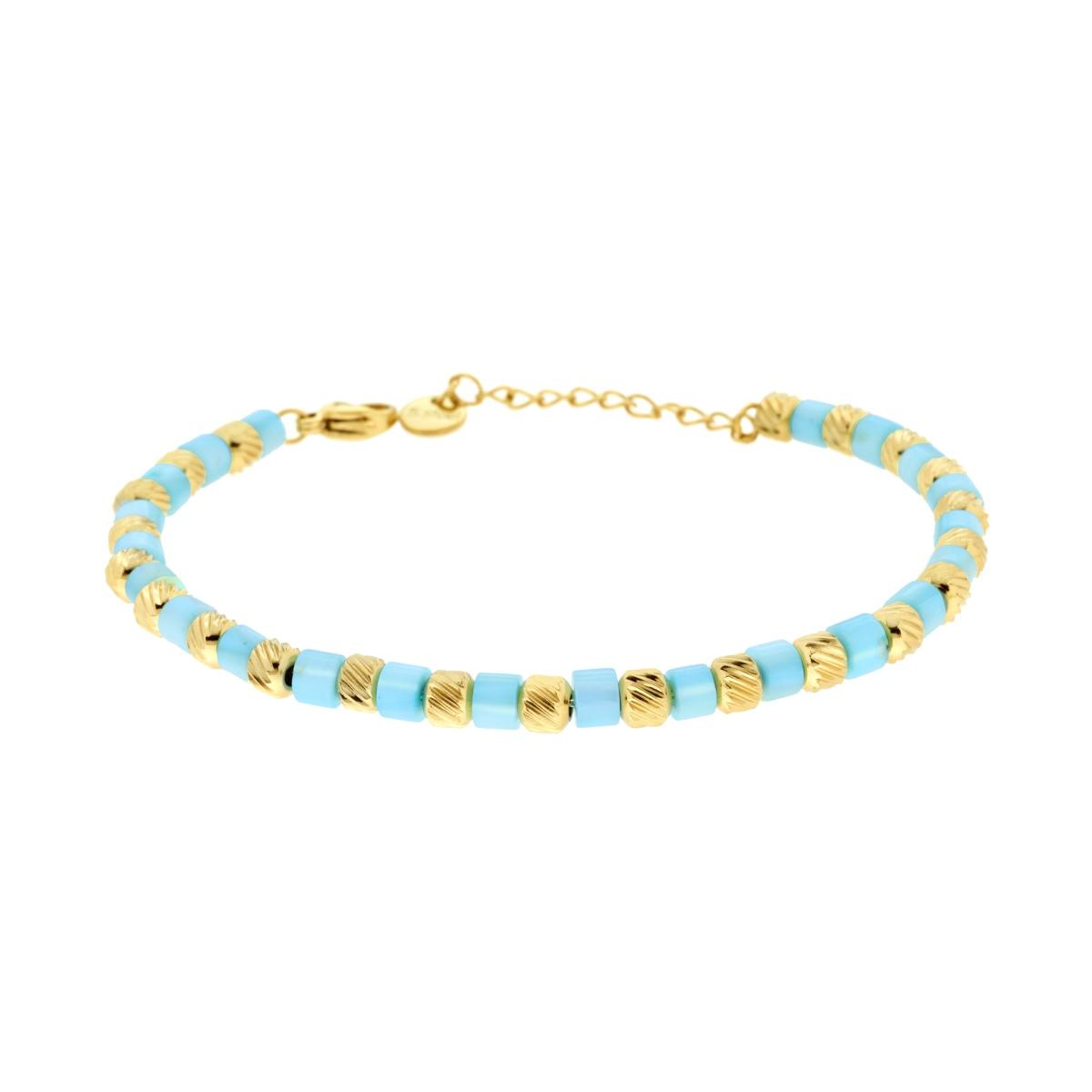 Bracciale Catena con Cilindretti Diamantati e Pietre Perlate colore Azzurro in ACCIAIO colore Oro