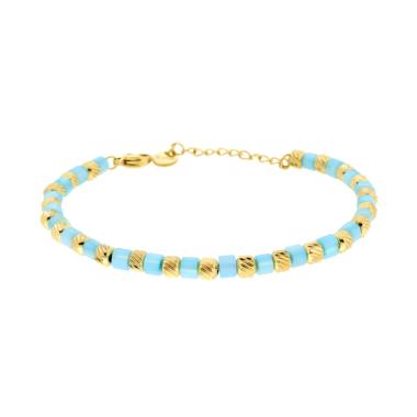 Bracciale Catena con Cilindretti Diamantati e Pietre Perlate colore Azzurro in ACCIAIO colore Oro