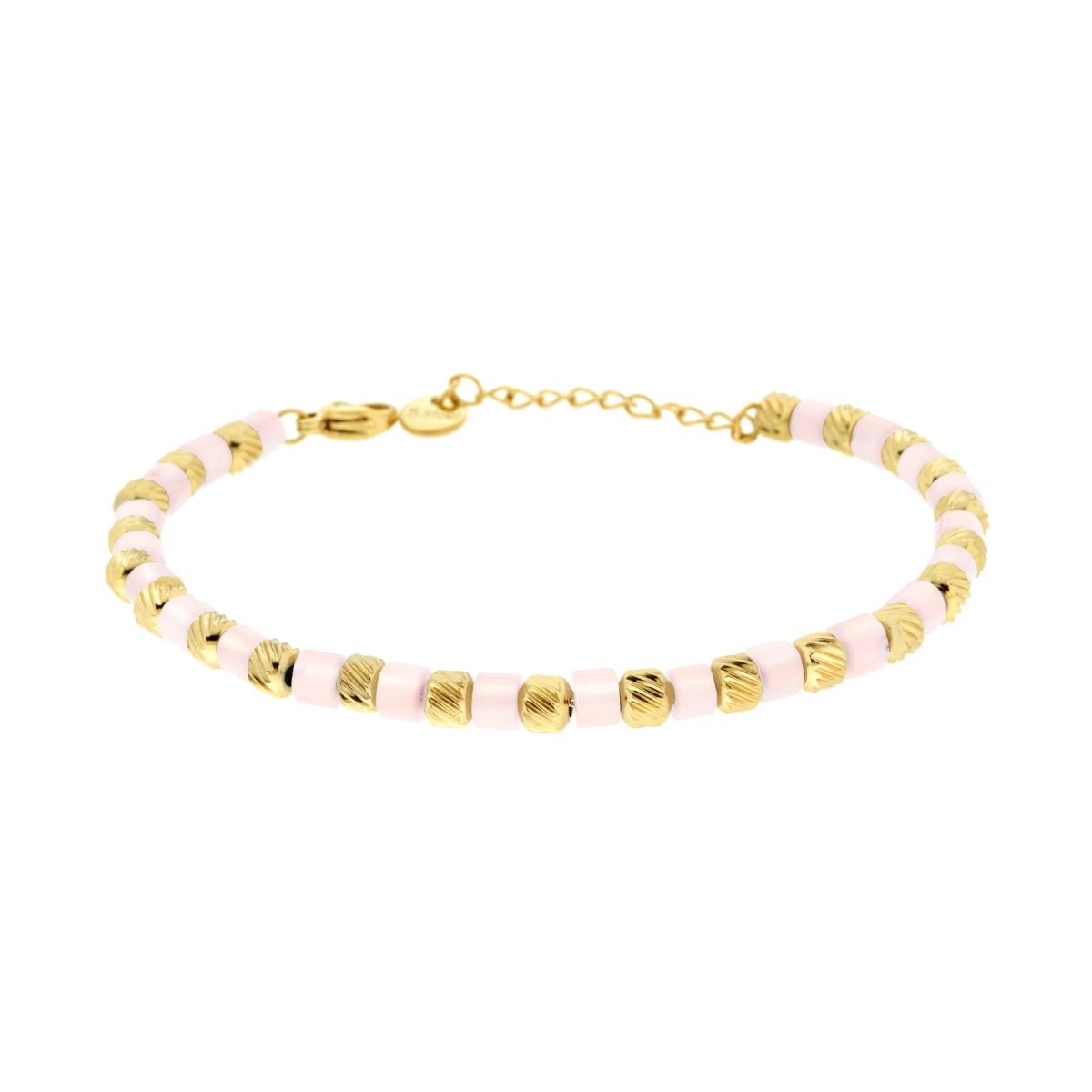 Bracciale Catena con Cilindretti Diamantati e Pietre Perlate colore Rosa in ACCIAIO colore Oro