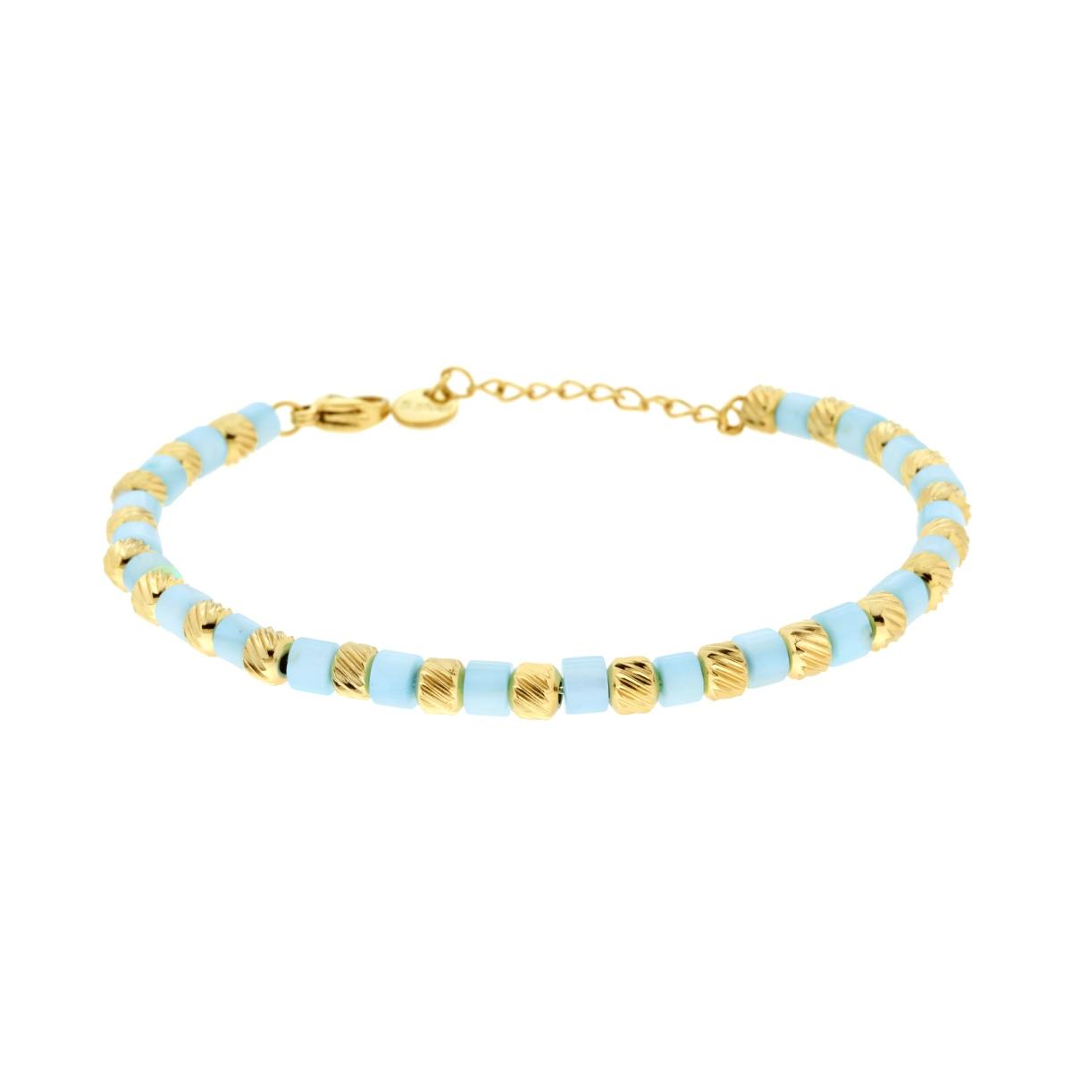 Bracciale Catena con Cilindretti Diamantati e Pietre Perlate colore Turchese in ACCIAIO colore Oro