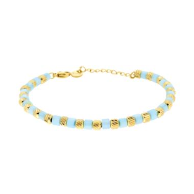 Bracciale Catena con Cilindretti Diamantati e Pietre Perlate colore Turchese in ACCIAIO colore Oro