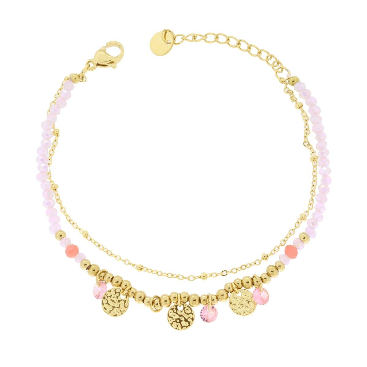 Bracciale due fili Catena con Palline Crystal Rosa e Tondi Martellati in ACCIAIO colore Oro