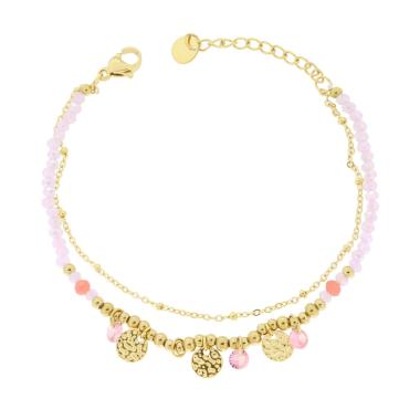 Bracciale due fili Catena con Palline Crystal Rosa e Tondi Martellati in ACCIAIO colore Oro