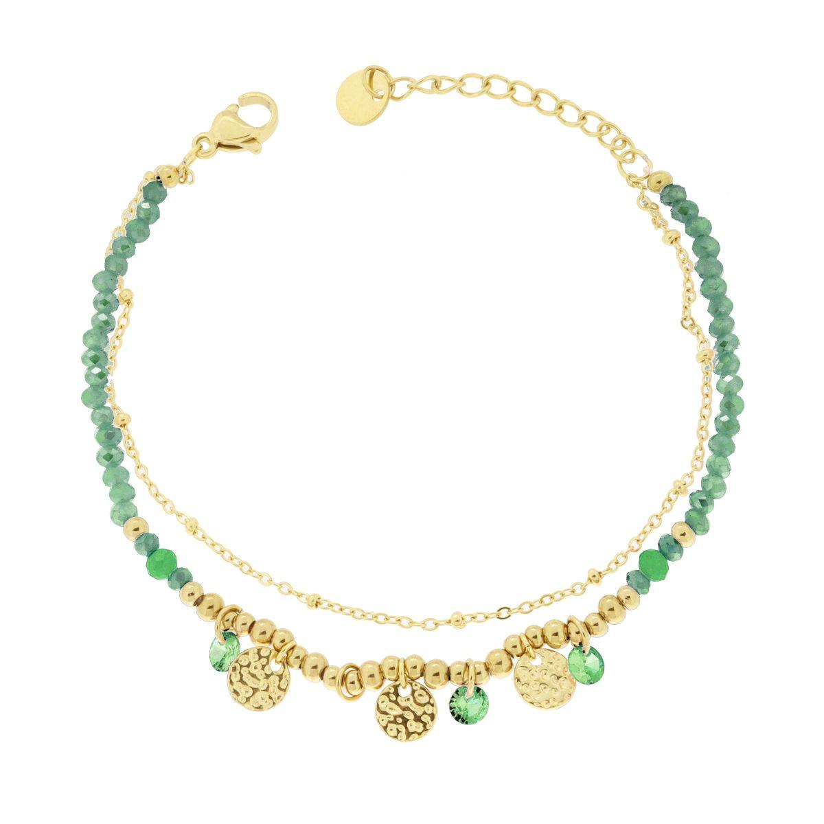 Bracciale due fili Catena con Palline Crystal Verde e Tondi Martellati in ACCIAIO colore Oro