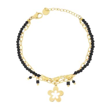 Bracciale due fili Catena con Cuori Crystal Neri e Fiore Pendente in ACCIAIO colore Oro