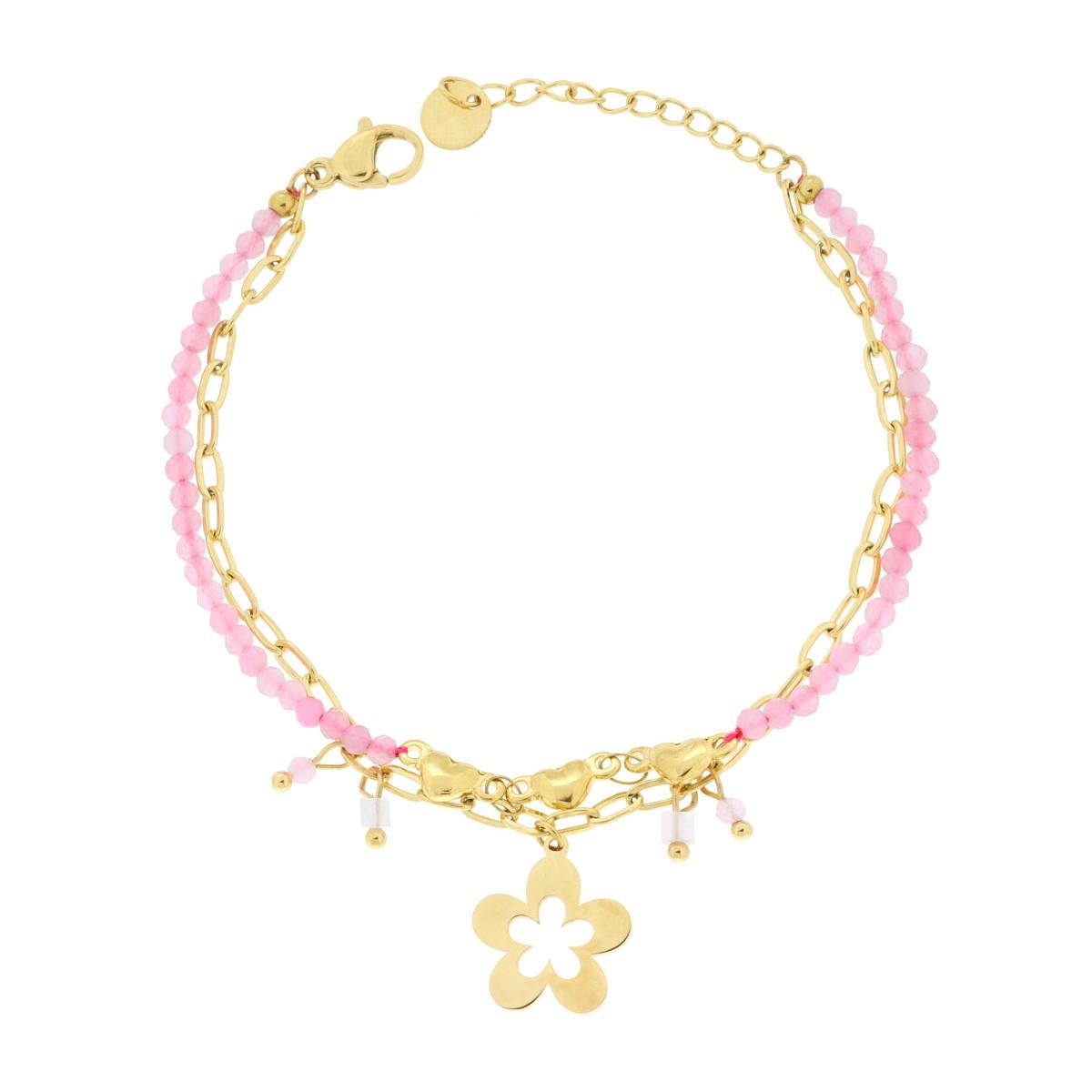 Bracciale due fili Catena con Cuori Crystal Rosa e Fiore Pendente in ACCIAIO colore Oro