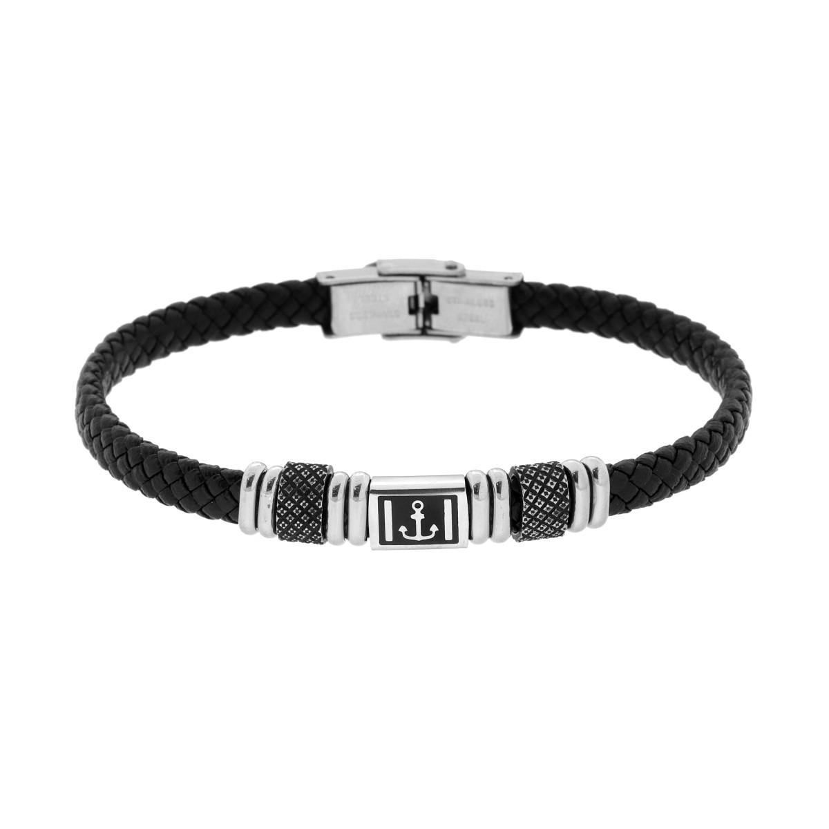 Bracciale Uomo in Ecopelle Intrecciata Nero con Accessori colore Brunito e Soggetto Ancora in ACCIAIO