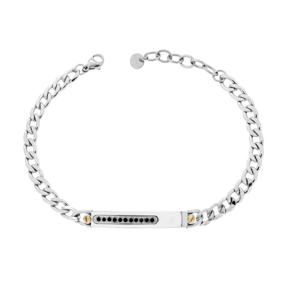 Bracciale Catena Grumetta Diamantata con Targa e Crystal Nero in ACCIAIO