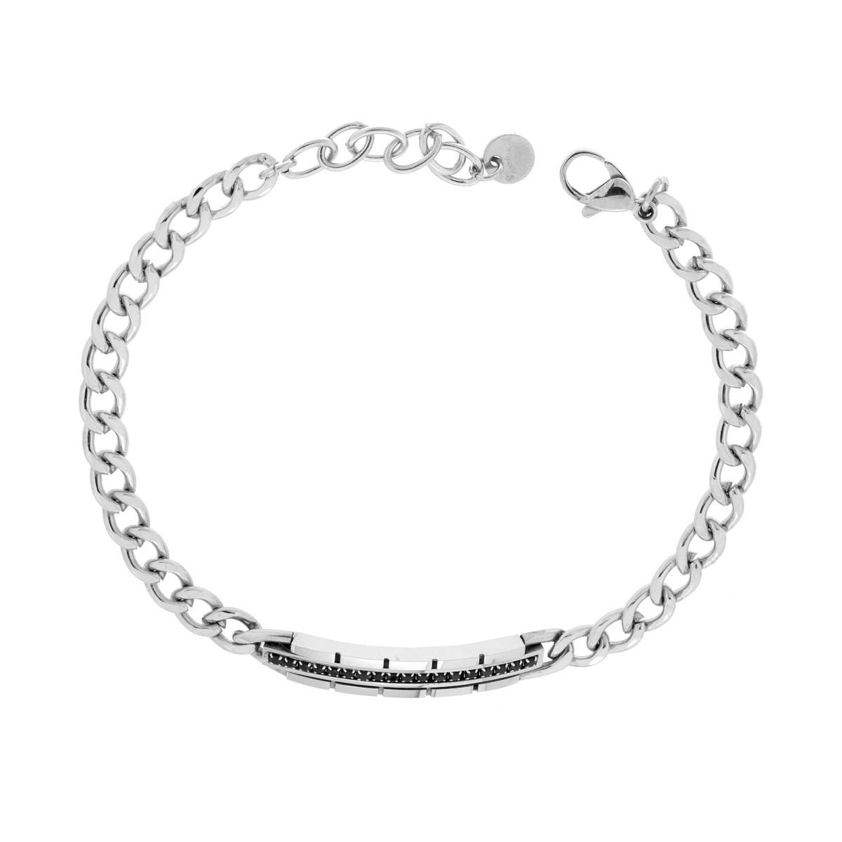 Bracciale Catena Grumetta Diamantata con Targa e Crystal Nero in ACCIAIO