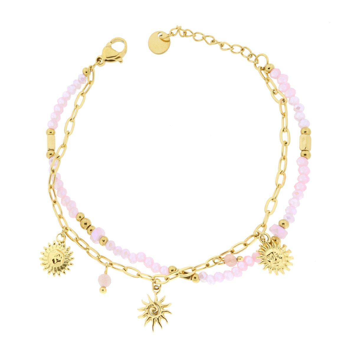 Bracciale due fili Catena con Palline Crystal Rosa e Sole Pendenti in ACCIAIO colore Oro