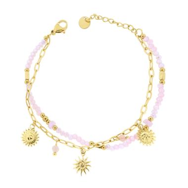 Bracciale due fili Catena con Palline Crystal Rosa e Sole Pendenti in ACCIAIO colore Oro