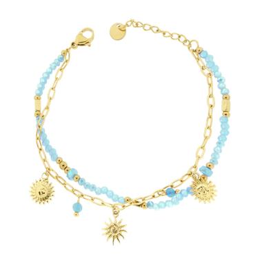 Bracciale due fili Catena con Palline Crystal Azzurro e Sole Pendenti in ACCIAIO colore Oro