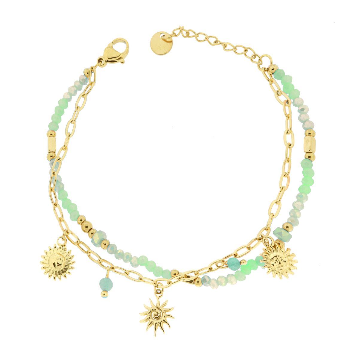 Bracciale due fili Catena con Palline Crystal Verde e Sole Pendenti in ACCIAIO colore Oro