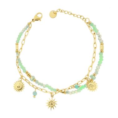 Bracciale due fili Catena con Palline Crystal Verde e Sole Pendenti in ACCIAIO colore Oro