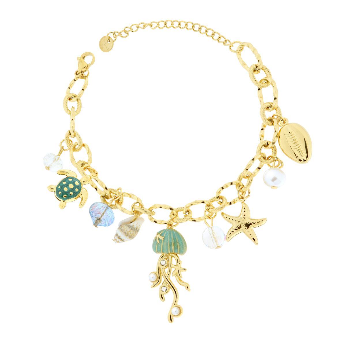 Bracciale Catena Forzatina con Charms Mare pendenti in ACCIAIO colore Oro