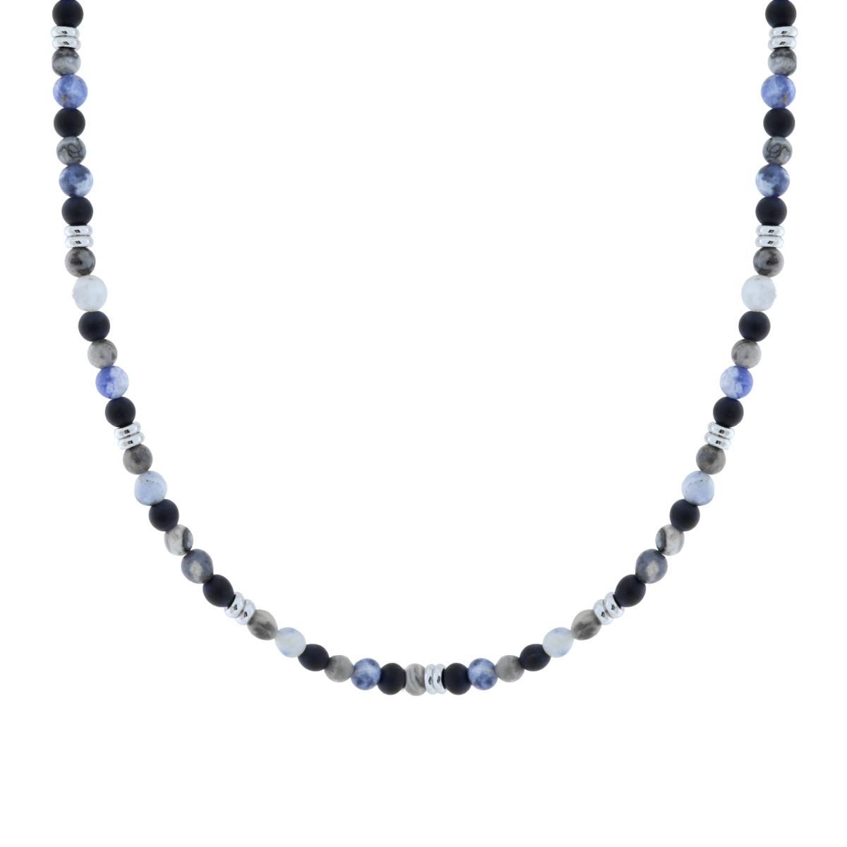 Collana Catena con Palline Pietra Blu Lapislazzuli e Nero in ACCIAIO